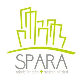 Edificios verdes estilizados con texto "SPARA rehabilitación + sostenibilidad" debajo.