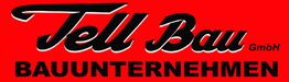Logo der Tell Bau GmbH, Bauunternehmen, auf rotem Hintergrund mit schwarzem Text.
