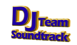 3D-Logo mit dem Text "DJ Team Soundtrack" in blauen und goldenen Buchstaben.