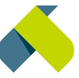 Abstract geometric shapes in blue and lime green forming an arrow pointing diagonally upward.