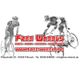 Zwei Radfahrer mit rotem "Free Wheels"-Logo und Kontaktinfos für ein Fahrradgeschäft.