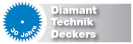 Blaues Zahnrad mit "30 Jahre", daneben der Text "Diamant Technik Deckers" auf grauem Hintergrund.