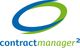Logo mit blauem und grünem Oval, Text "contract manager²" darunter.