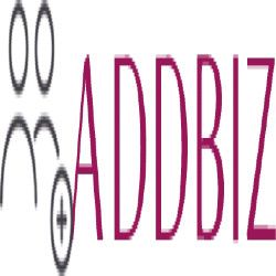 Logo with stylized figures and the text "ADDBIZ" in bold pink letters.