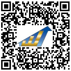 QR-Code mit blau-gelbem Logo in der Mitte, das einem aufsteigenden Pfeil ähnelt.