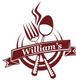 Logo with fork, spoon, steam, and ribbon reading "William's" in maroon color.