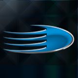 Logo azul em forma de oval com listras em fundo escuro.