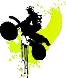 Schattenriss eines Motocross-Fahrers vor einem grünen Farbspritzer.