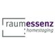 Logo mit Text "raumessenz homestaging" und stilisierten Rahmen in Grau und Violett.