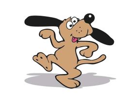 Fröhlicher Cartoon-Hund tanzt auf zwei Beinen mit ausgestreckten Armen und großer, dunkler Nase.