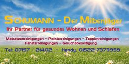 Text auf Wiese mit Himmel: Schumann - Der Milbenjäger, Reinigungsdienstleistungen, Kontaktinfos.