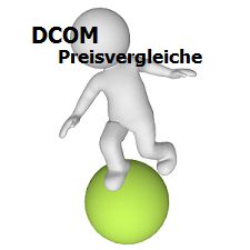 3D-Figur balanciert auf einem grünen Ball, Text: "DCOM Preisvergleiche".