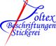 Logo mit roter Nadel, blauem Faden, Text "Foltex Beschriftungen Stickerei".