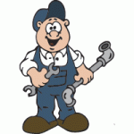 Cartoon-Handwerker mit Latzhose hält Schraubenschlüssel und Rohr.