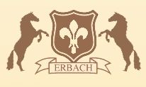 Wappen mit zwei Pferden, einer Lilie und Schriftzug "ERBACH" auf beigem Hintergrund.
