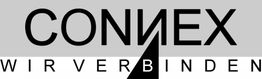 Logo mit dem Text "CONNEX WIR VERBINDEN", schwarzer Text auf grauem Hintergrund.