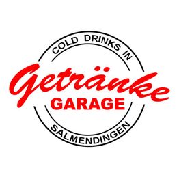 Logo mit Text "Getränke Garage, Cold Drinks in Salmendingen" in Schwarz und Rot.