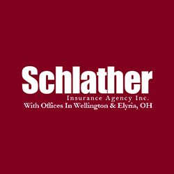 Schlather Insurance Agency logo, offices in Wellington and Elyria, Ohio, on maroon background.