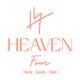 Logo van Heaven: gezicht, lichaam, voeten in oranje letters op een witte achtergrond.