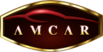 Logo AMCAR rouge et or avec silhouette de voiture stylisée au-dessus du texte.