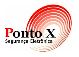 Logo com texto "Ponto X Segurança Eletrônica" e um padrão espiral vermelho.