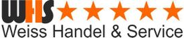Logo: WHS, Weiss Handel & Service, mit fünf orangefarbenen Sternen.