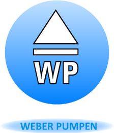 Rundes Logo mit blauem Hintergrund, stilisierter Pfeil und den Buchstaben "WP", Text: "Weber Pumpen".