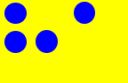 Vier blaue Punkte auf gelbem Hintergrund. Drei unten links, einer rechts oben.
