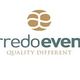 Logo di Arredo Eventi con testo "Quality Different" sotto un simbolo oro astratto.