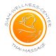 Logo des Siam-Wellness-Centers mit stilisierter Rückenmassage auf orangefarbenem Hintergrund.