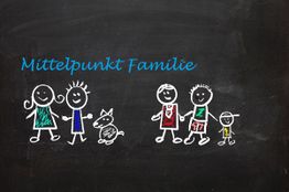 Strichfigurenfamilie und Hund auf Tafel mit dem Text "Mittelpunkt Familie" in Blau.