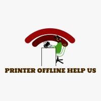 Person in green struggles with offline printer; text reads "PRINTER OFFLINE HELP US."