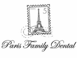 Logo of Paris Family Dental with an Eiffel Tower stamp design.
