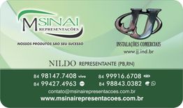 Cartão de visita verde com informações de contato da M Sinai Representações e Instalações Comerciais.