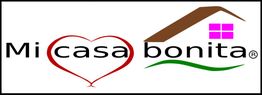 Logo "Mi casa bonita" con figuras de corazón, techo y ventana.