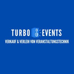 Blaues Logo mit Text "Turbo Events - Verkauf & Verleih von Veranstaltungstechnik", Lautsprecher-Symbol.