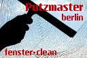 Schatten eines Fensterreinigers, Text: „Putzmaster Berlin, fenster-clean“.