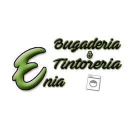Logotipo con texto "Bugaderia & Tintoreria Enia" y un ícono de lavadora. Letras verdes.