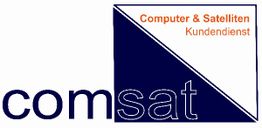 Logo mit "comsat" und "Computer & Satelliten Kundendienst" auf blauem und weißem Hintergrund.