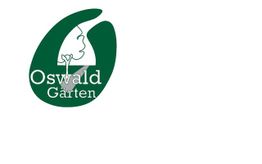 Grünes Logo: Oswald Gärten, mit Silhouette von zwei Gesichtern, Blattmotiv integriert.