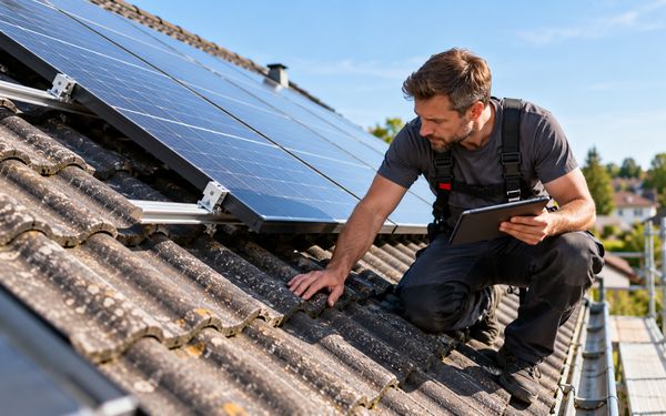 Ein Dachdecker überprüft den Zustand älterer Dachziegel neben einer Photovoltaikanlage, um festzustellen, ob vor der Solarmontage eine Dachsanierung notwendig ist.
