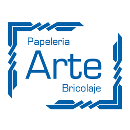 Logotipo azul y blanco con las palabras "Papelería Arte Bricolaje".