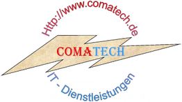 Logo mit Blitz, Text: "COMATECH", Website und "IT-Dienstleistungen".