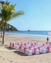 Sillas con lazos rosas en una playa para una ceremonia bajo un cielo despejado.