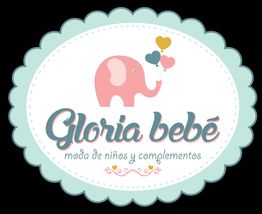 Logo infantil con elefante rosado y globos. Texto: "Gloria bebé, moda de niños y complementos".