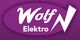 Lila Logo mit Schriftzug "Wolf Elektro" und weißem Blitzsymbol.
