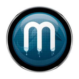 Logotipo con una letra "m" blanca, con gotas, sobre un fondo azul oscuro circular.