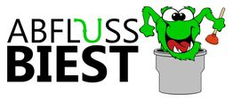 Grünes Monster mit Pömpel im Rohr neben dem Text "Abfluss Biest".