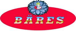Rotes Oval mit "BÄRES" und blauer Blume, darin eine sitzende Figur vor gelbem Hintergrund.
