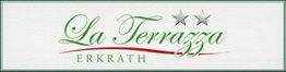 La Terrazza Erkath Logo mit zwei silbernen Sternen, grüner und roter Text auf weißem Hintergrund.